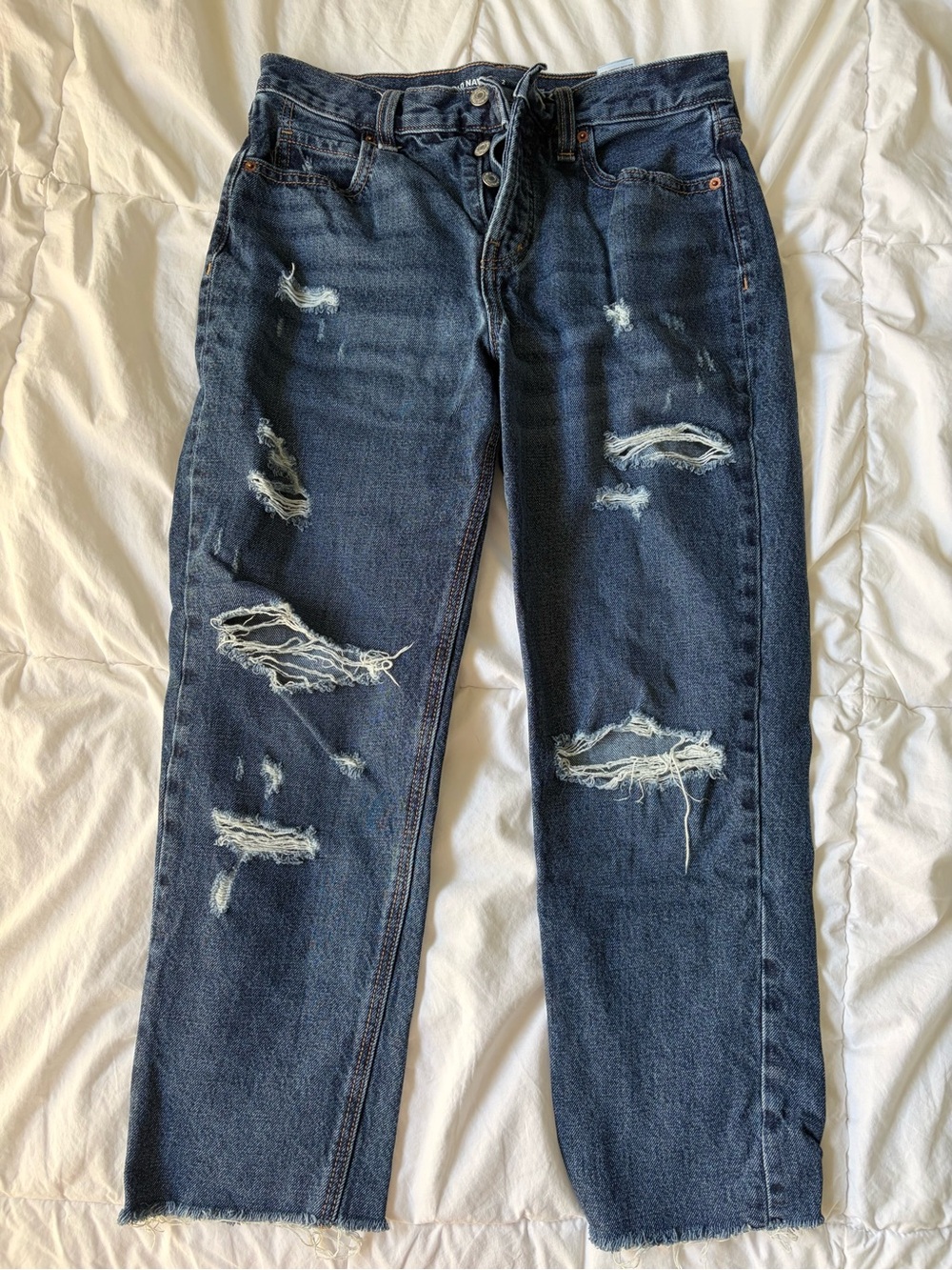 Old Navy Dark Indigo Distressed High-Rise Slouchy Straight Jeans
